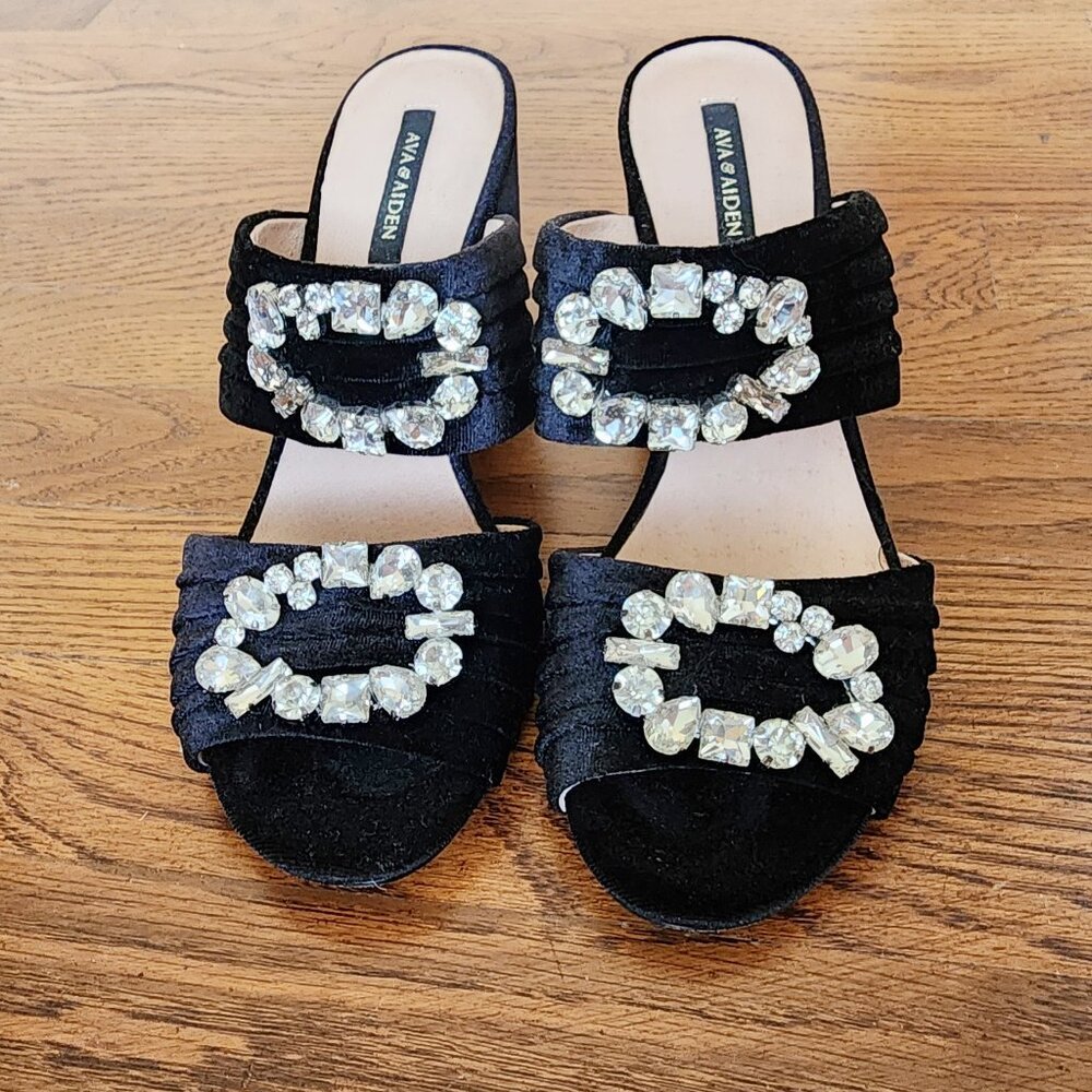 Ava & Aiden Shoes Mule Clog Black Velvet Chunky Heel Crystal Rhinestones Size 8M